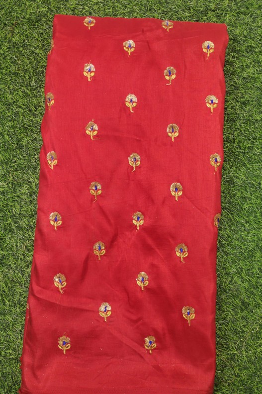 Eyecatching Red Silk Fabric With Silk Work