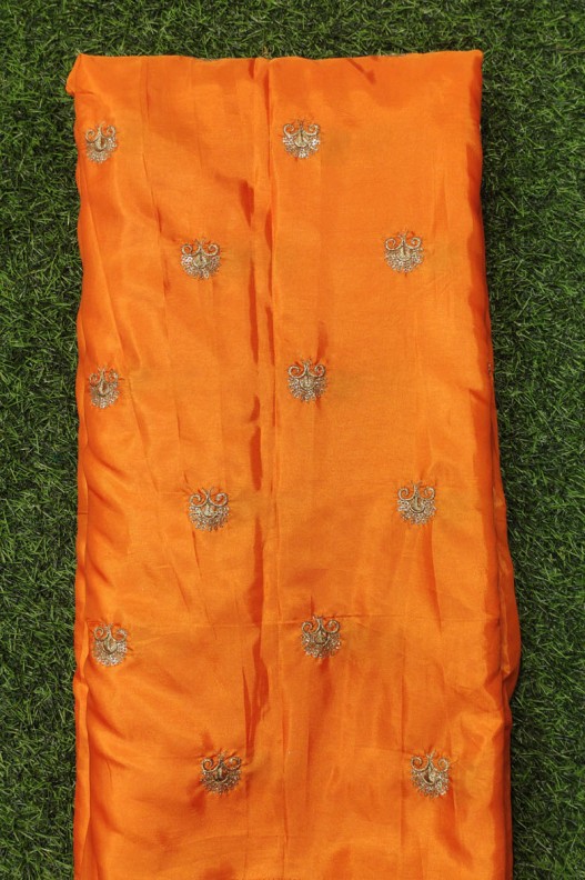 Eyecatching Dark Orange Silk Fabric With Silk Work