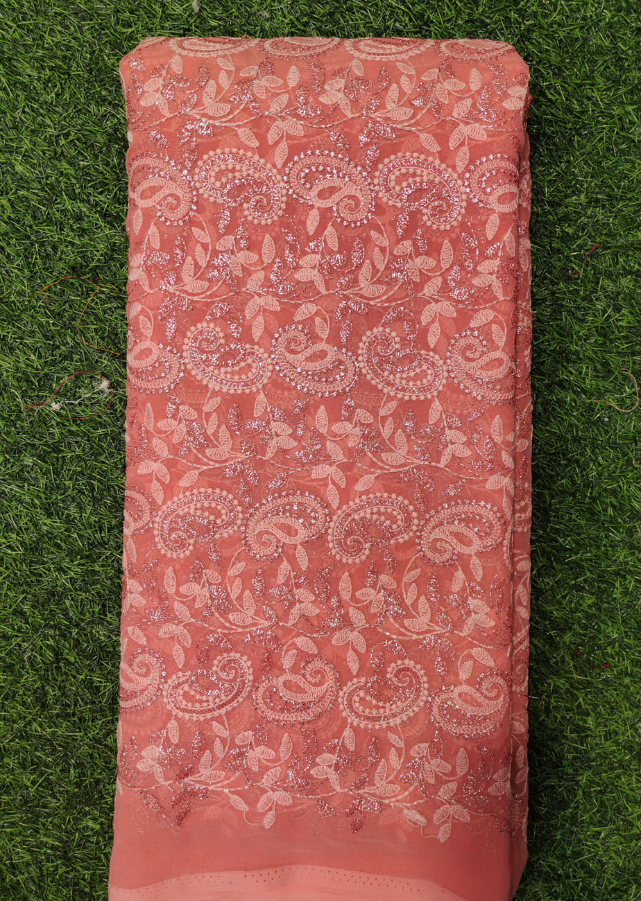 Trendy Terracotta Color Georgette Fabric With Semi Geo Work
