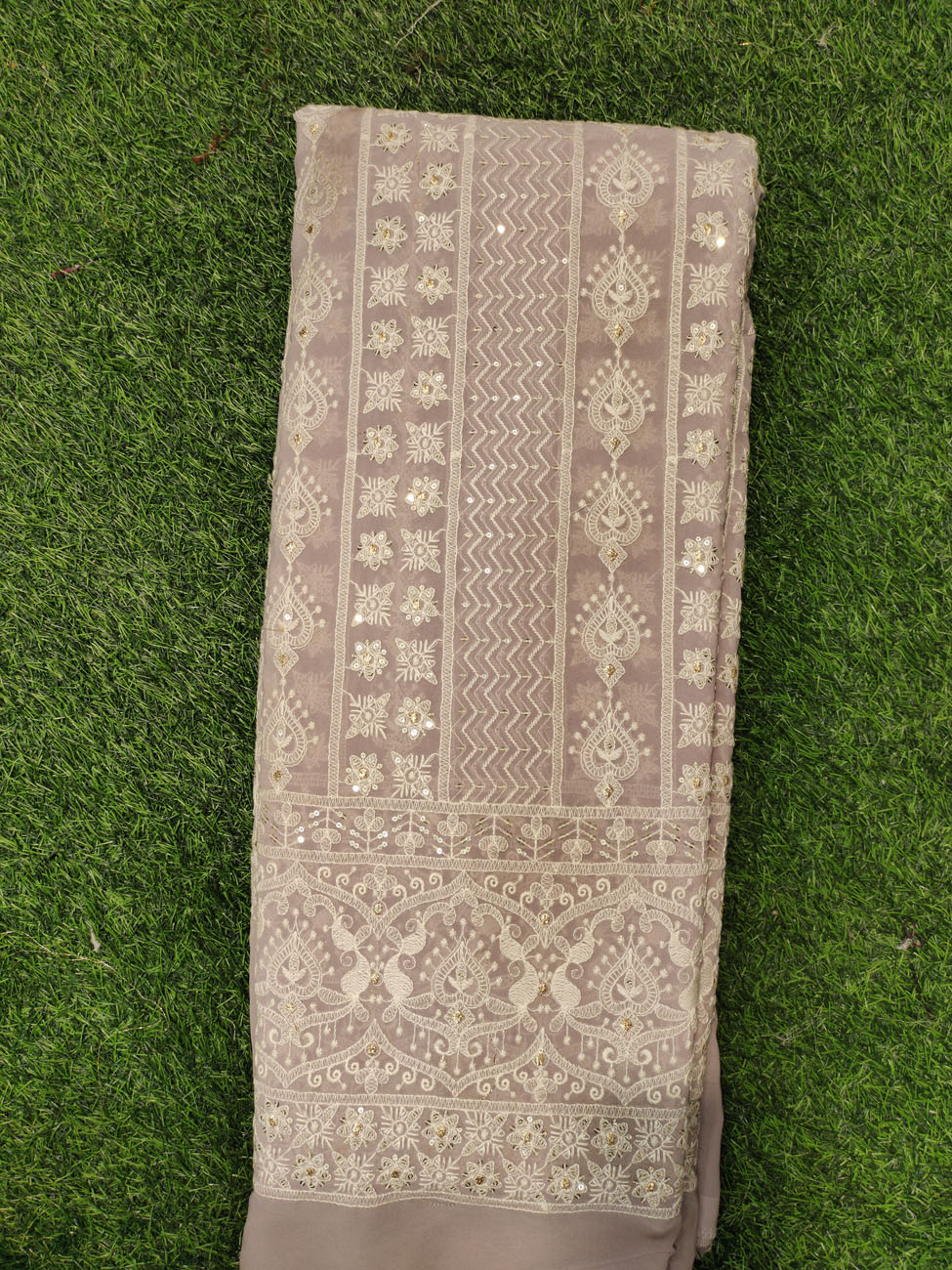 Taupe Lakhnavi Fabric With Fox Panel Lakhnavi Work