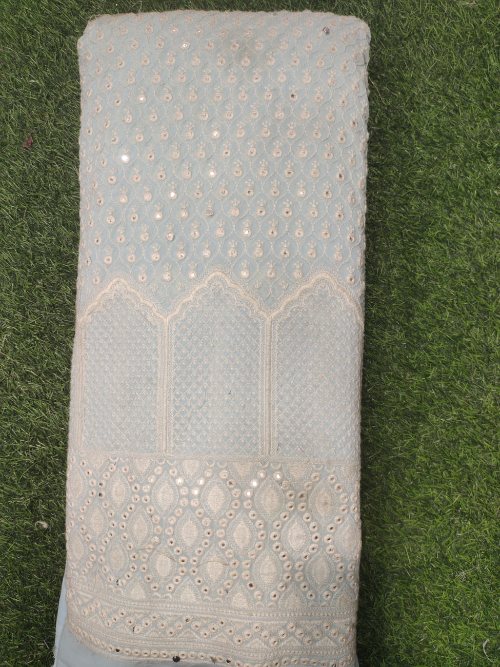 Light Gray Lakhnavi Fabric With Fox Panel Lakhnavi Work