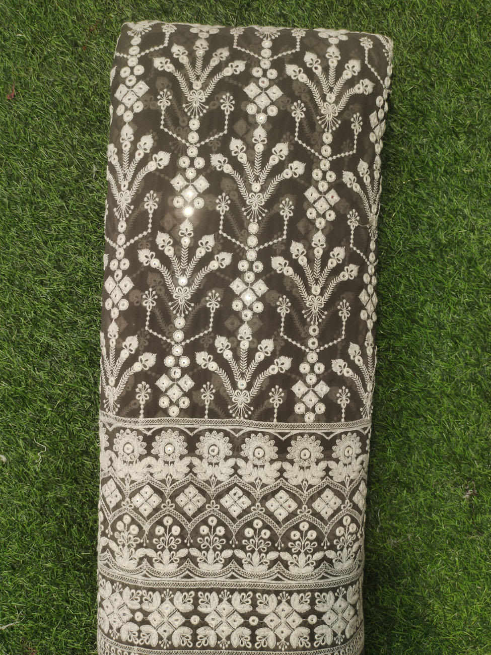 Olive Lakhnavi Fabric With Fox Panel Lakhnavi Work