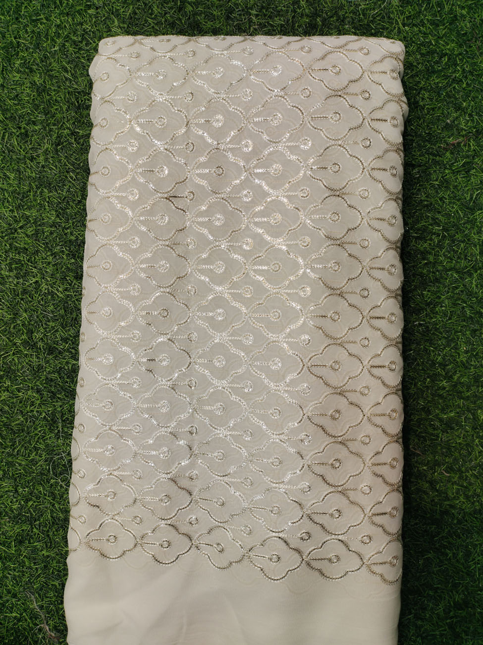 White Lakhnavi Fabric With Geo Lakhnavi Work